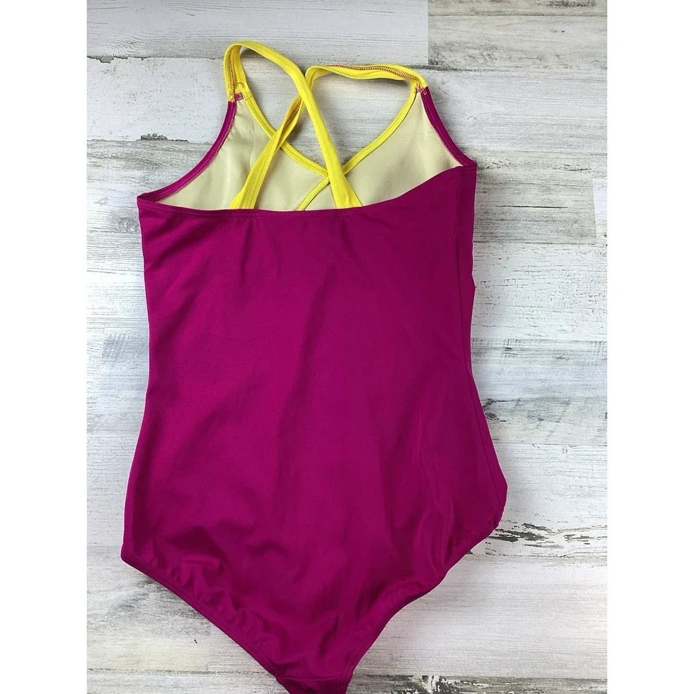 Lands' End Kids Size 16 1pc Vibrant Color Block Pink Yellow Orange Swimsuit